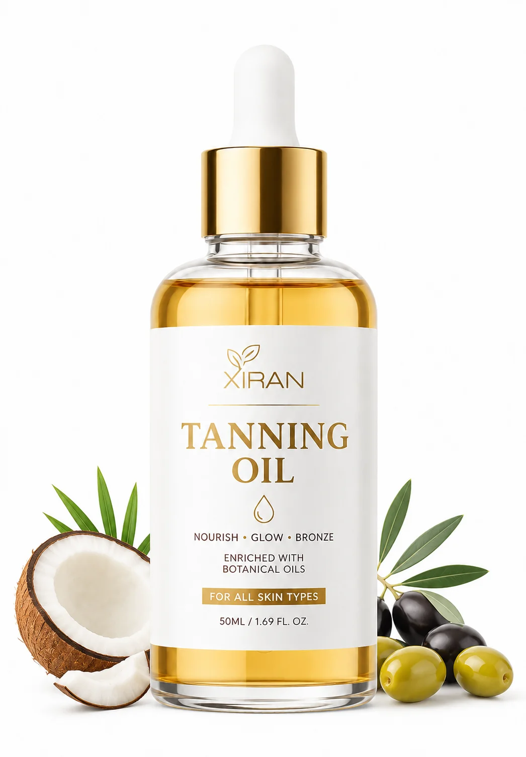 Бутылка масла для загара с этикеткой «Xiran Tanning Oil» и указанием состава на основе растительных масел, изображенная рядом с половинками кокоса и свежими оливками.